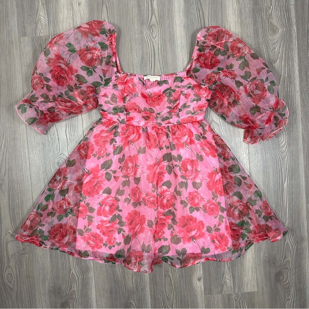 Thirty‎ Thirty LA Pink Red Rose Puff Sleeve Mini Dress, Size L
